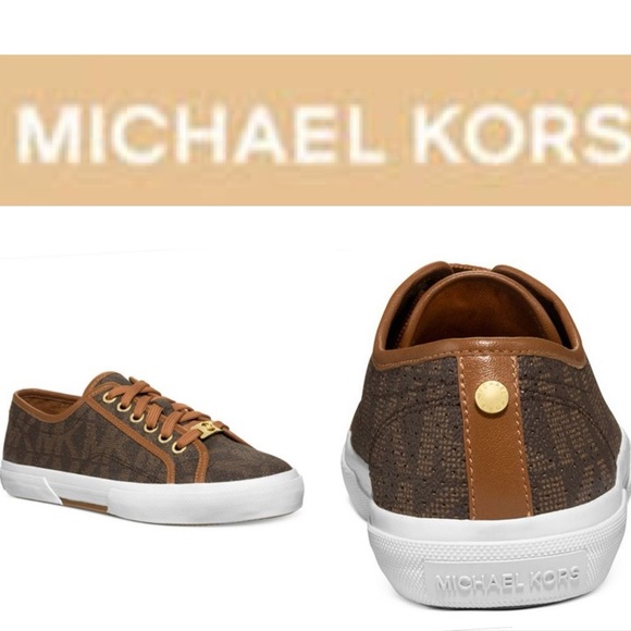 Michael Kors Monogram Boerum Sneakers Brown Gold Luxury Designer MK Logo Size 6M - Picture 2 of 16